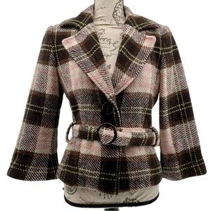 Cabi Kate blazer tweed plaid jacket Italian yarn clueless Academia 4 brown pink